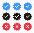 Profile verification check marks icons. Verified and unverified account sign. Social media icon set. Blue check mark and red cross